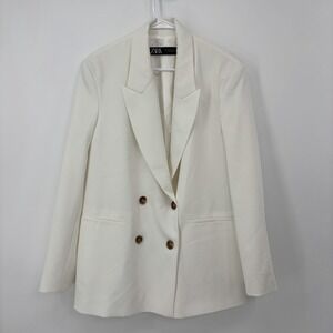 ZARA Womens Blazer White Double Breasted Size Medium Oversized Work Career